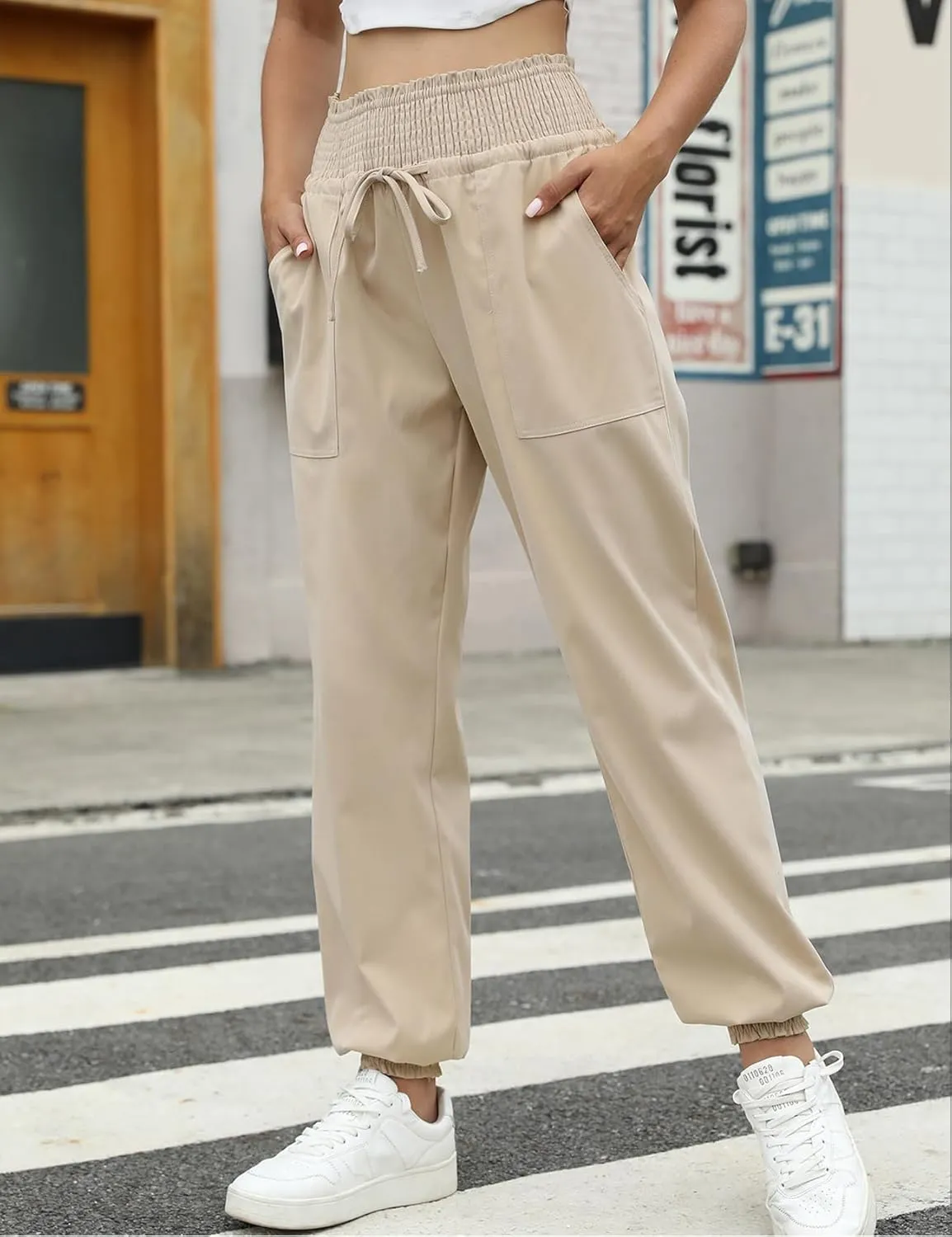 Wyeysyt Women's Casual Pants Elastic High Waist Harem Trousers with Pockets
