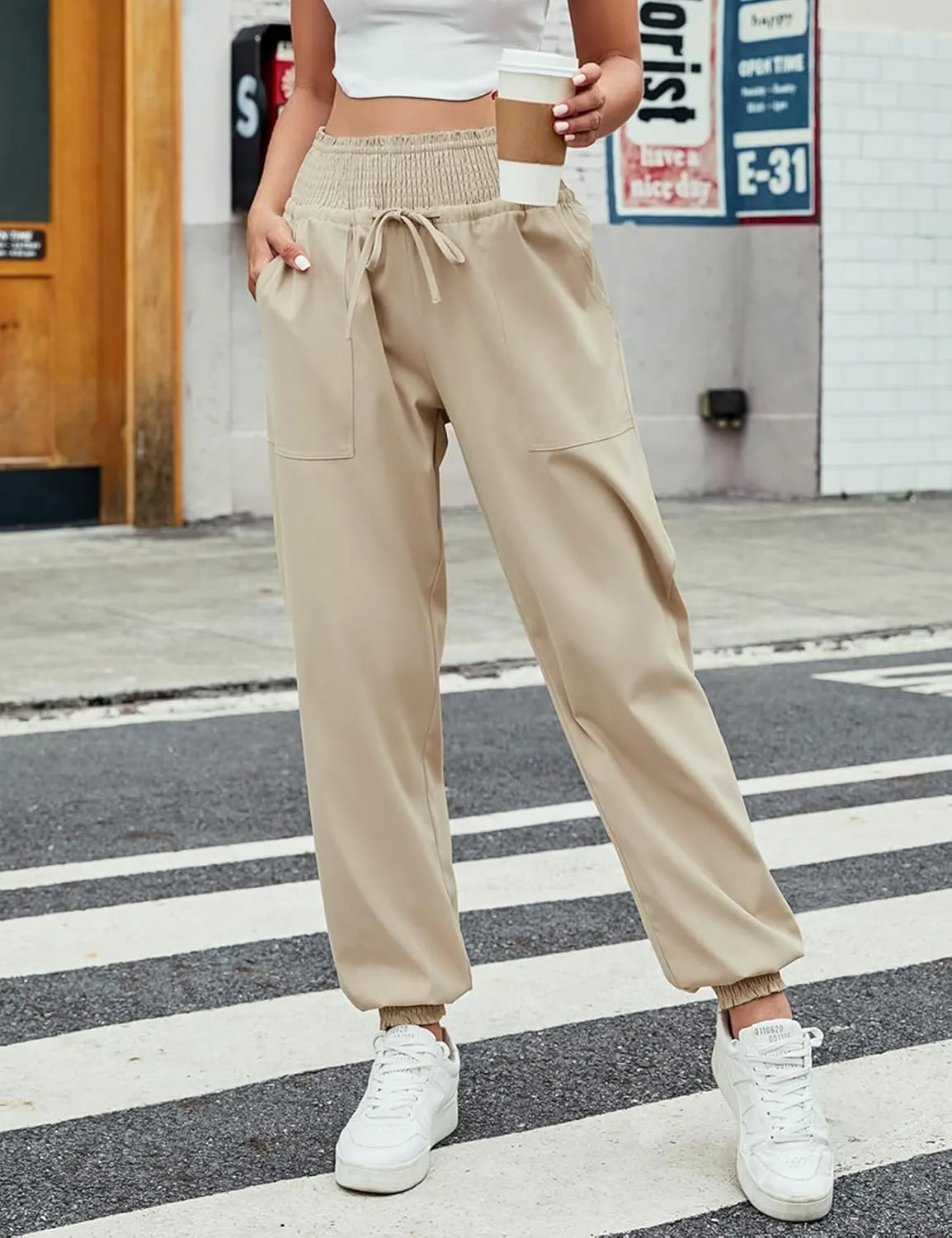 Wyeysyt Women's Casual Pants Elastic High Waist Harem Trousers with Pockets