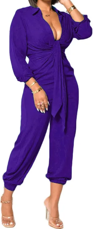 Xinlees Women's Elegant Jumpsuit Casual Long Sleeve Solid Straight Trousers Business Romper Stretchy Ankle Cuffs