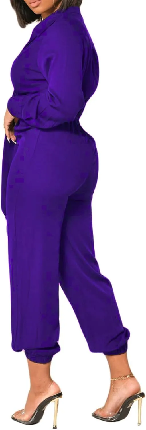 Xinlees Women's Elegant Jumpsuit Casual Long Sleeve Solid Straight Trousers Business Romper Stretchy Ankle Cuffs