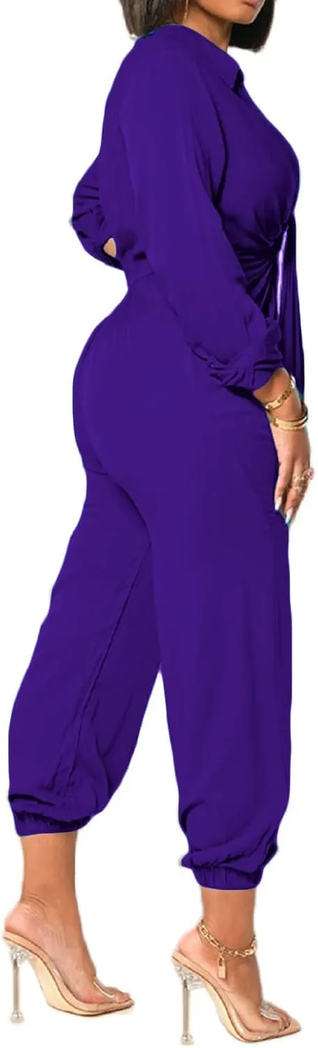 Xinlees Women's Elegant Jumpsuit Casual Long Sleeve Solid Straight Trousers Business Romper Stretchy Ankle Cuffs