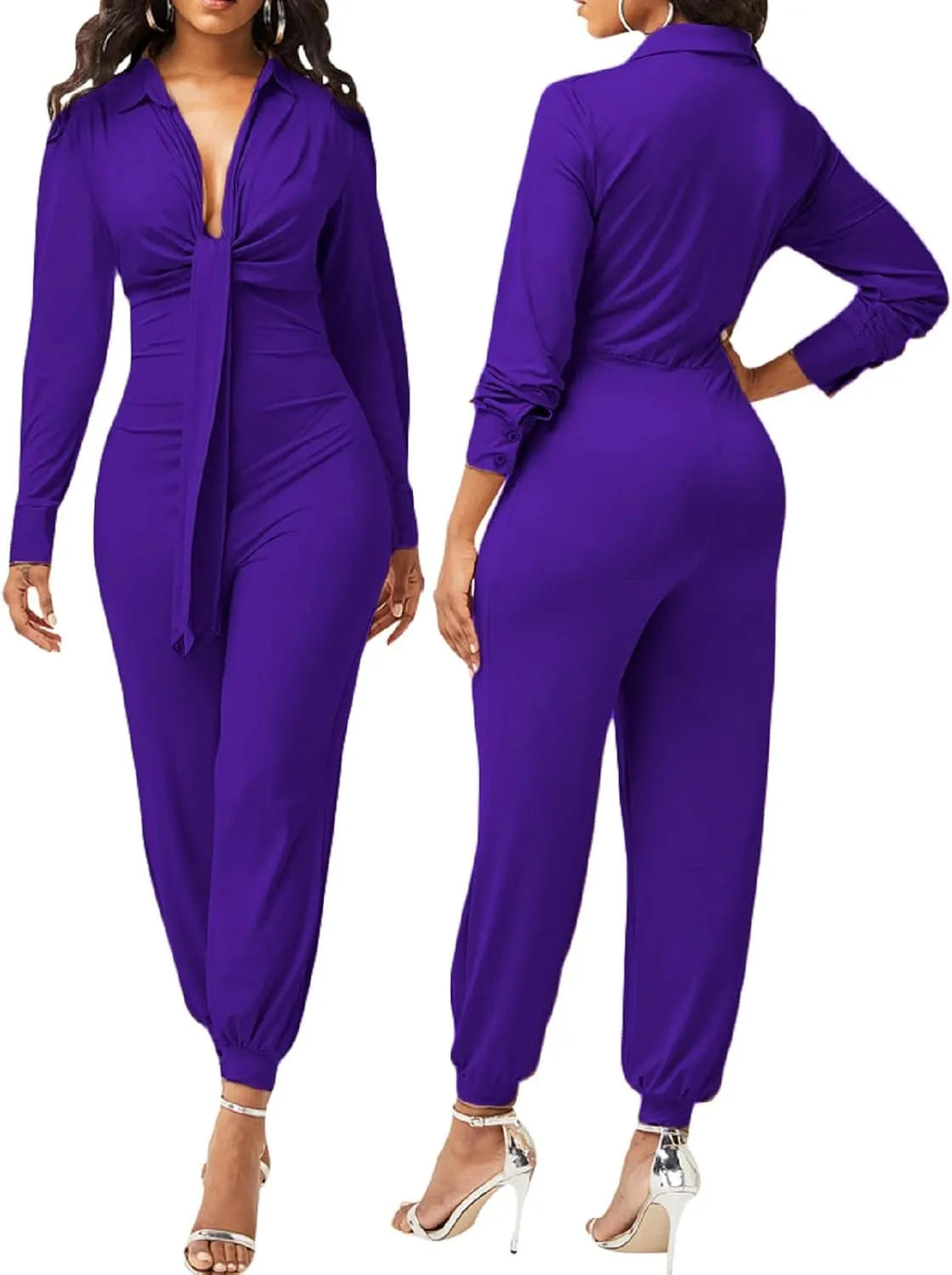 Xinlees Women's Elegant Jumpsuit Casual Long Sleeve Solid Straight Trousers Business Romper Stretchy Ankle Cuffs