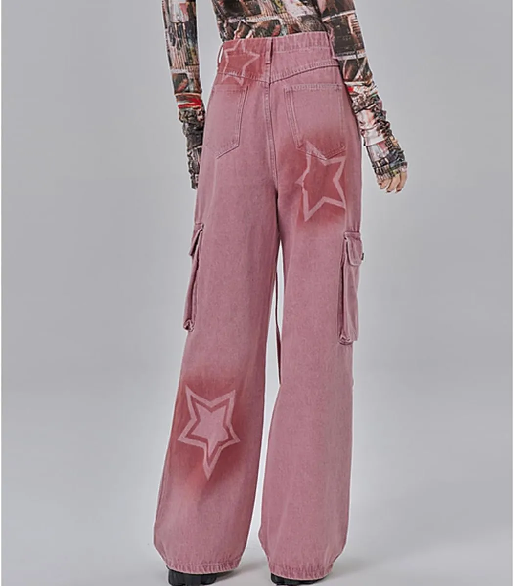 Y2K Fashion Straight High Waisted Wide Leg Jeans Casual Drawstring Gradual Stars Tie-Dye Denim Pants