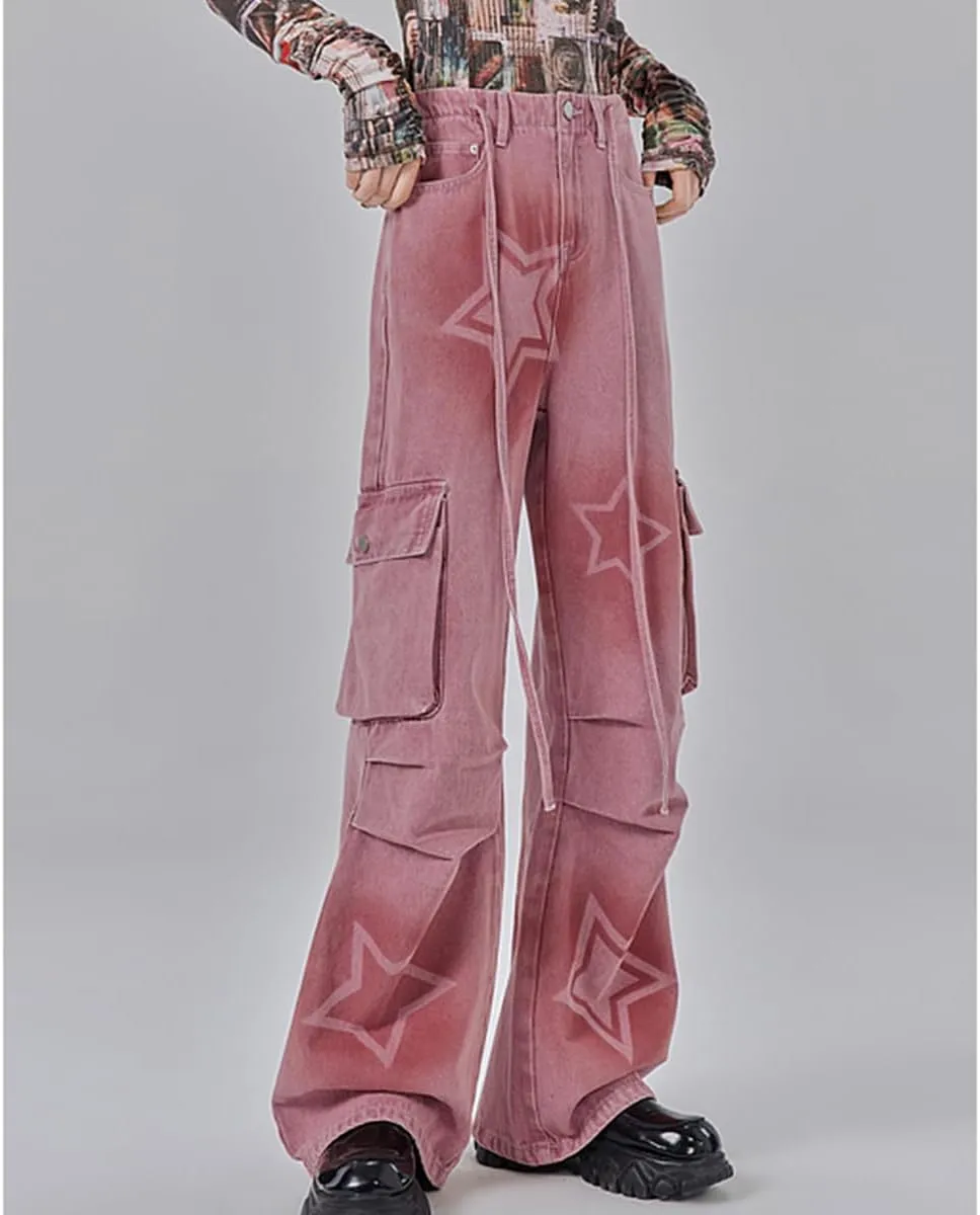 Y2K Fashion Straight High Waisted Wide Leg Jeans Casual Drawstring Gradual Stars Tie-Dye Denim Pants