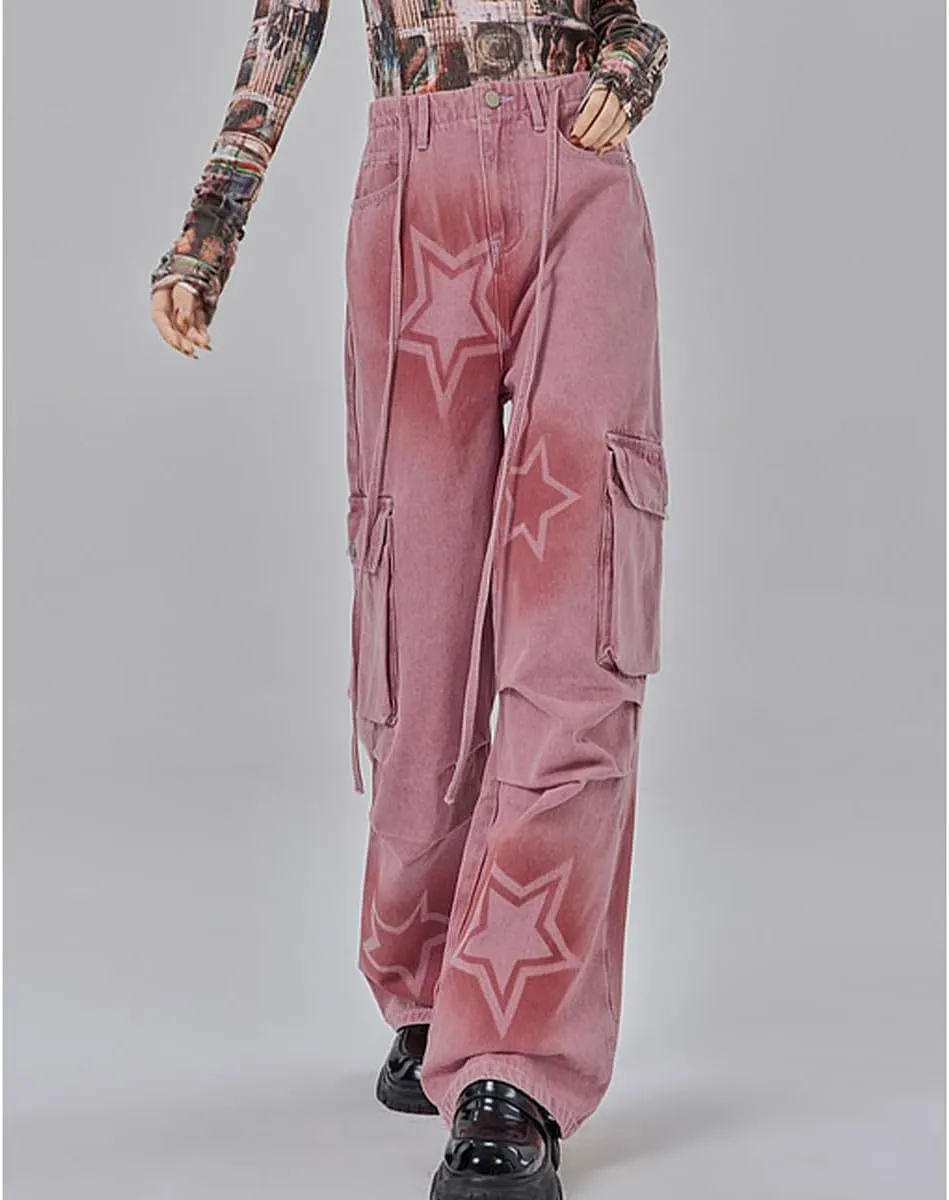Y2K Fashion Straight High Waisted Wide Leg Jeans Casual Drawstring Gradual Stars Tie-Dye Denim Pants