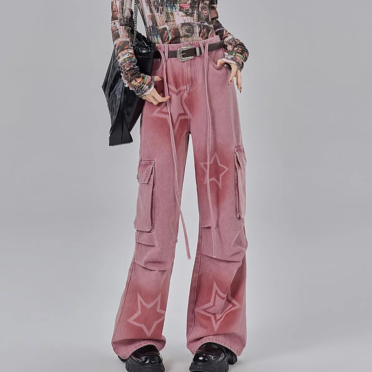 Y2K Fashion Straight High Waisted Wide Leg Jeans Casual Drawstring Gradual Stars Tie-Dye Denim Pants