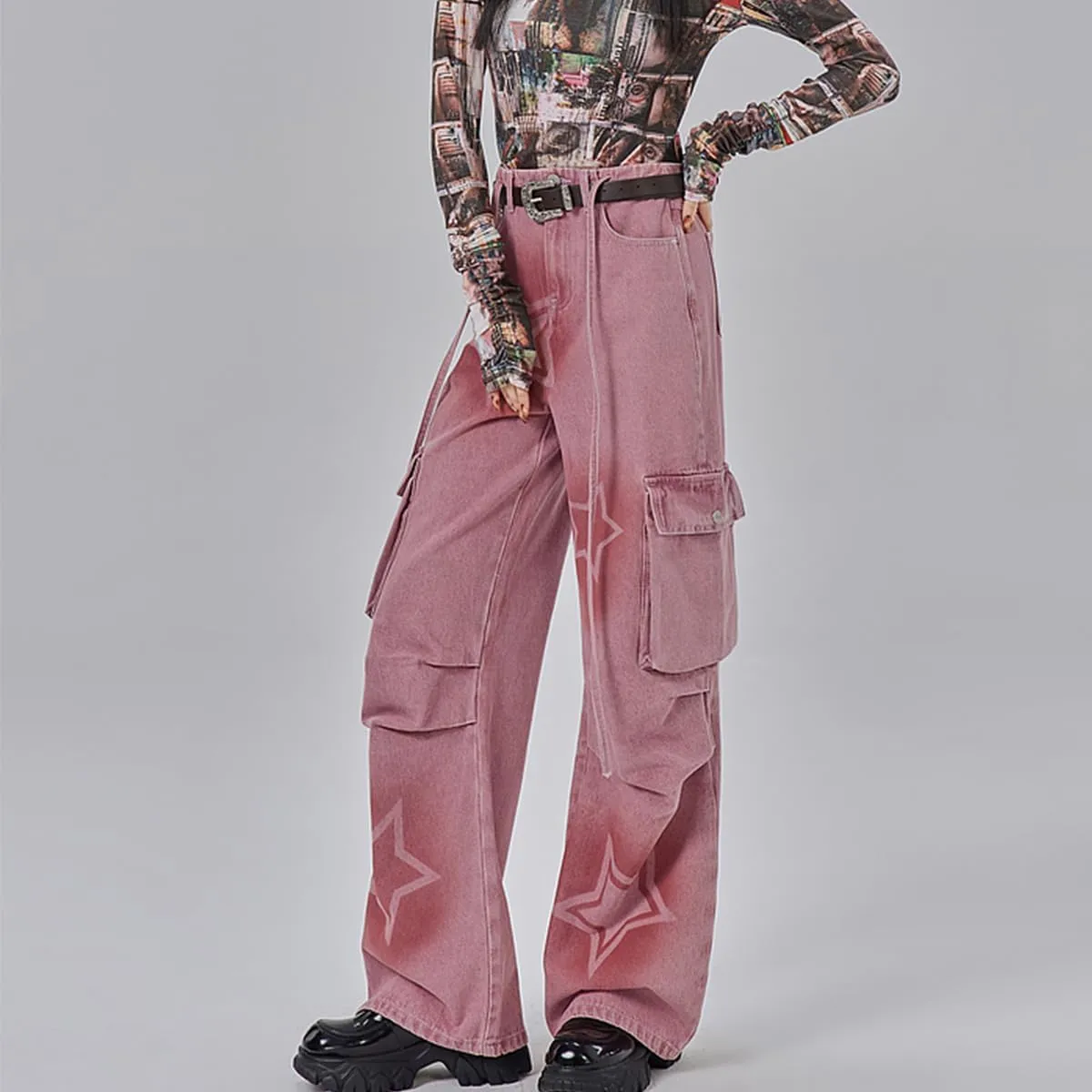Y2K Fashion Straight High Waisted Wide Leg Jeans Casual Drawstring Gradual Stars Tie-Dye Denim Pants