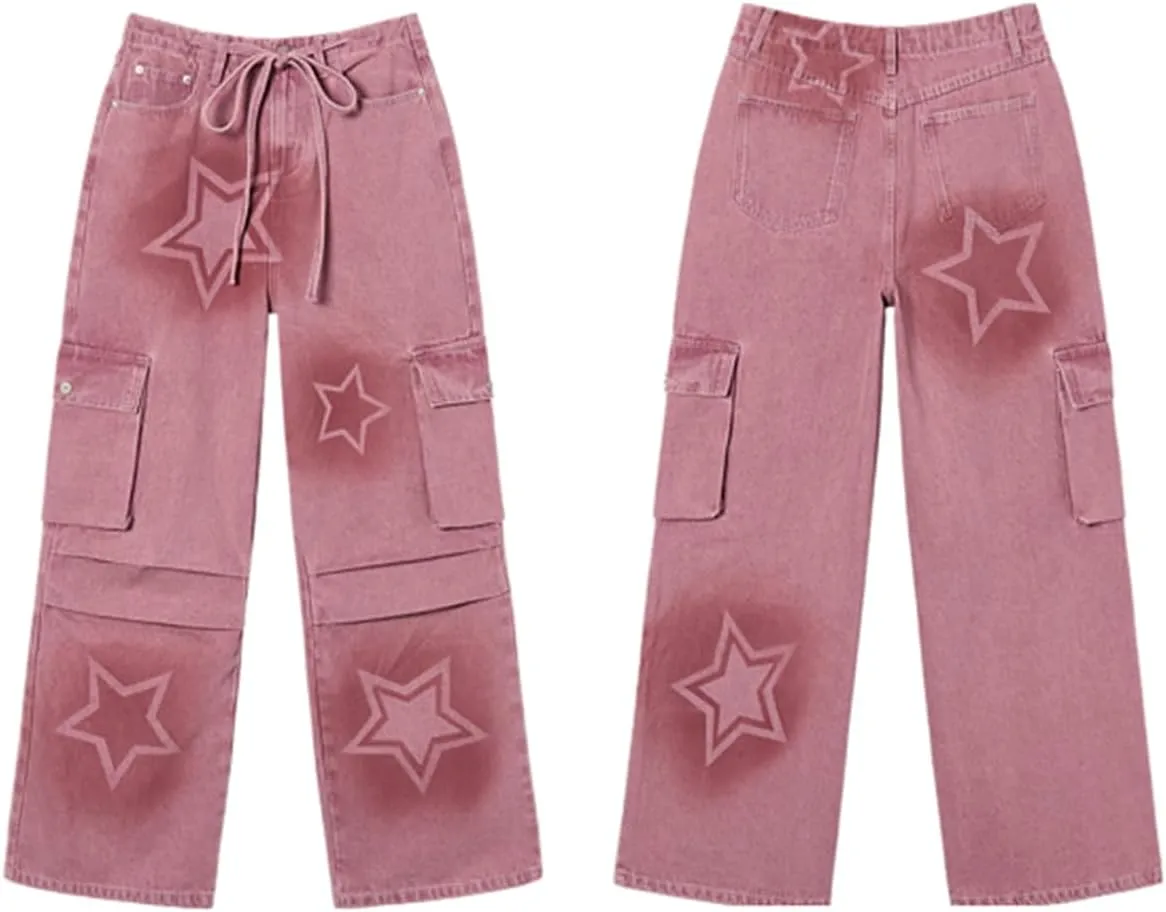 Y2K Fashion Straight High Waisted Wide Leg Jeans Casual Drawstring Gradual Stars Tie-Dye Denim Pants