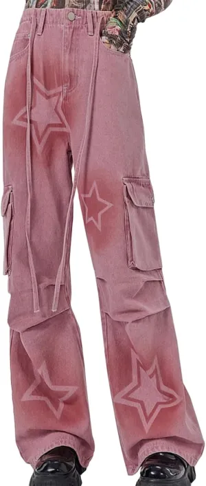 Y2K Fashion Straight High Waisted Wide Leg Jeans Casual Drawstring Gradual Stars Tie-Dye Denim Pants