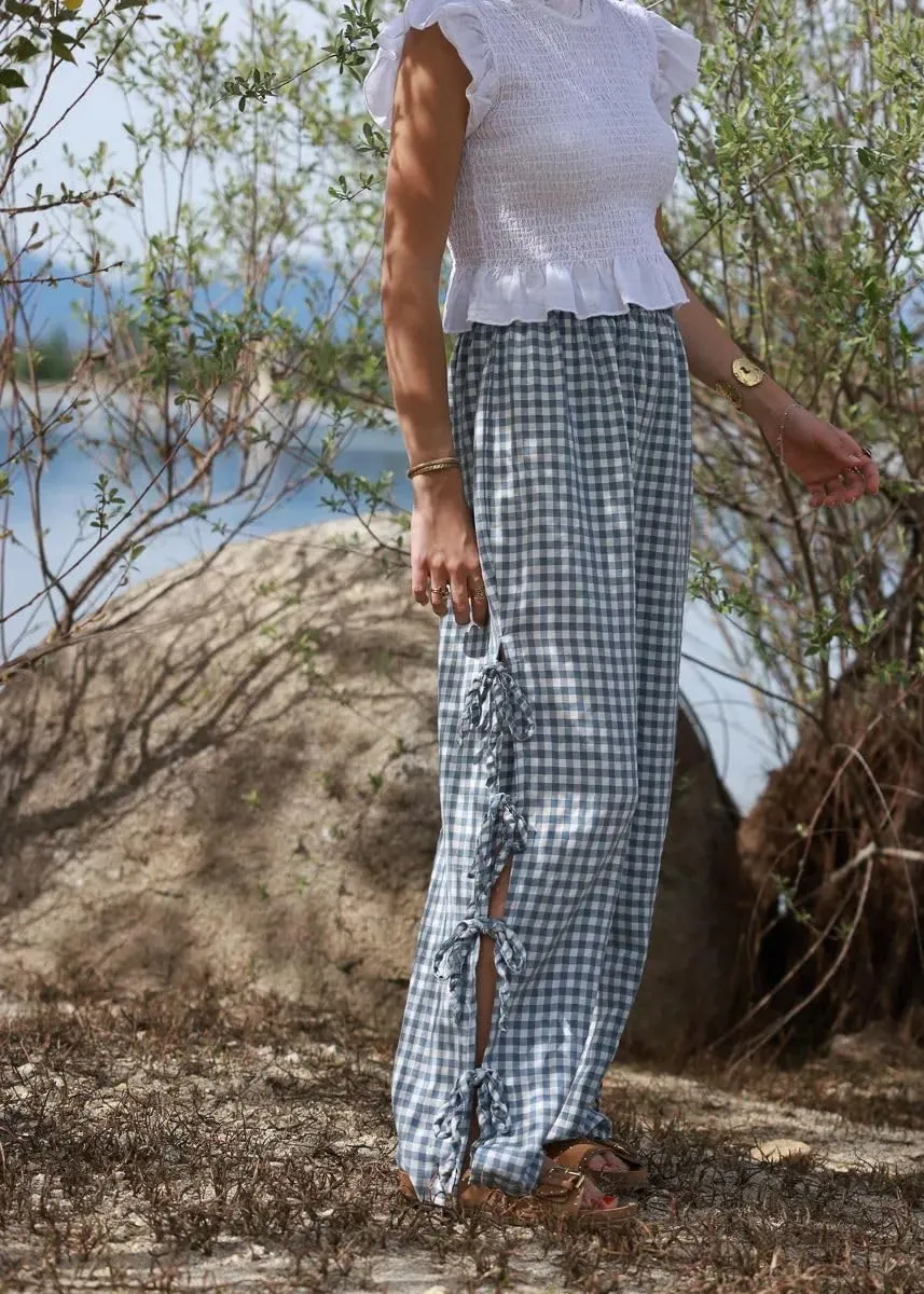 Y2K Gingham Pants for Women Plaid Checkered Elastic Waist Bow Tie Side Slit Wide Leg Pants with Pockets
