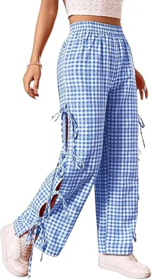 Y2K Gingham Pants for Women Plaid Checkered Elastic Waist Bow Tie Side Slit Wide Leg Pants with Pockets