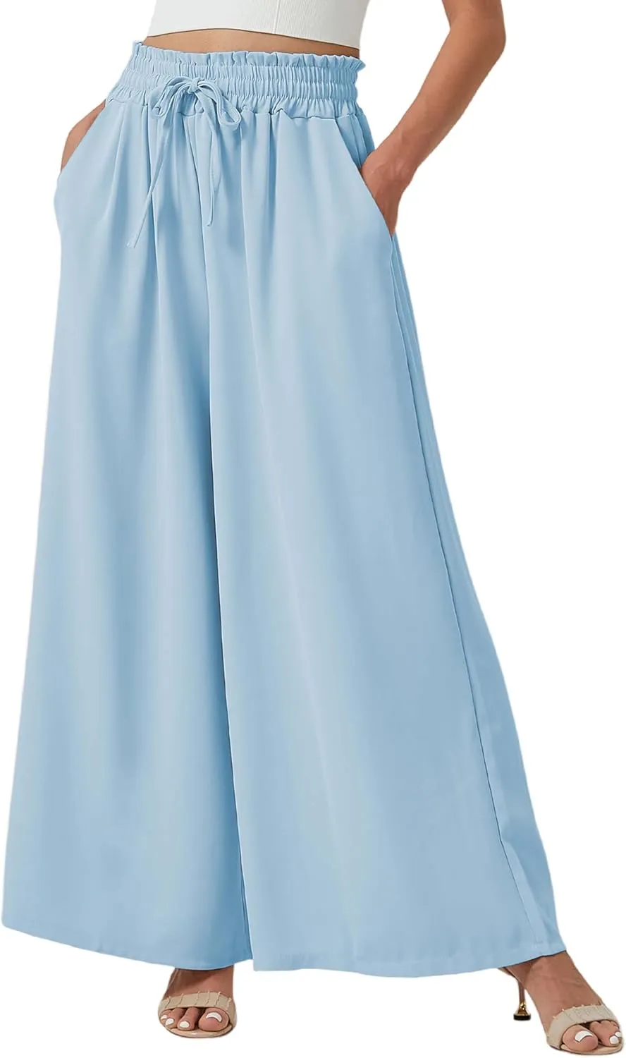 YLDUJ AMUM Womens Wide Leg Pants Summer Beach Breathable Pants Loose Flowy Palazzo Lounge Trousers with Pockets
