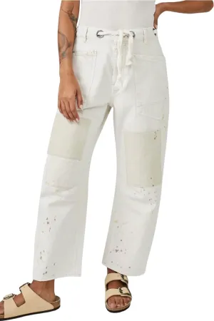 yoeasy Womens Baggy Barrel Horseshoe Jeans Wide Leg Patchwork Drawstring Low Rise Vintage Denim Pants with Pockets