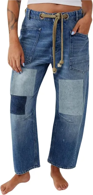 yoeasy Womens Baggy Barrel Horseshoe Jeans Wide Leg Patchwork Drawstring Low Rise Vintage Denim Pants with Pockets