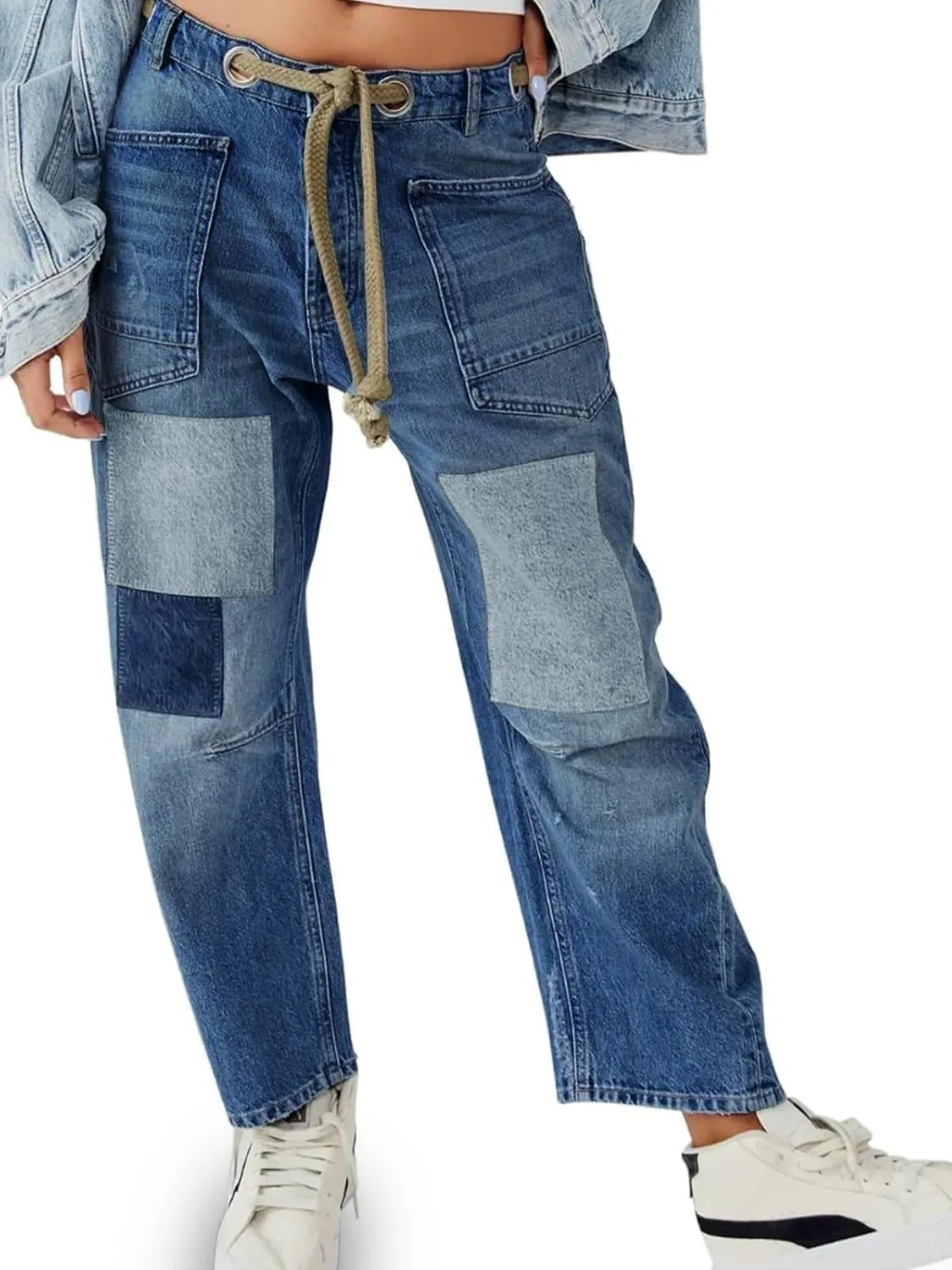 yoeasy Womens Baggy Barrel Horseshoe Jeans Wide Leg Patchwork Drawstring Low Rise Vintage Denim Pants with Pockets