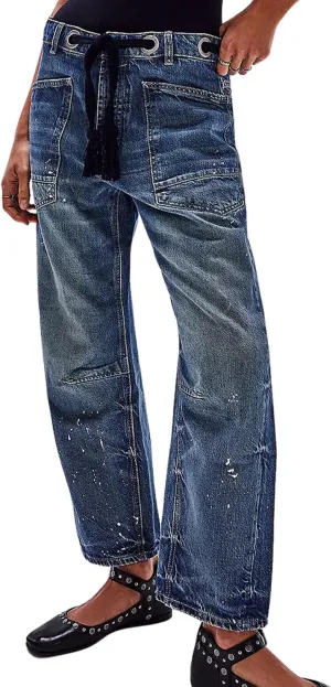 yoeasy Womens Baggy Barrel Horseshoe Jeans Wide Leg Patchwork Drawstring Low Rise Vintage Denim Pants with Pockets