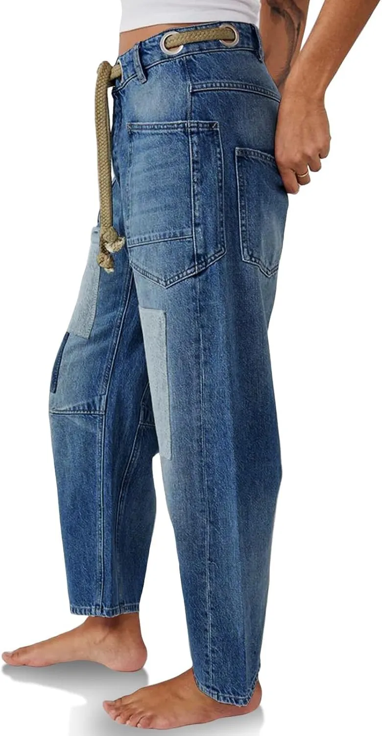 yoeasy Womens Baggy Barrel Horseshoe Jeans Wide Leg Patchwork Drawstring Low Rise Vintage Denim Pants with Pockets