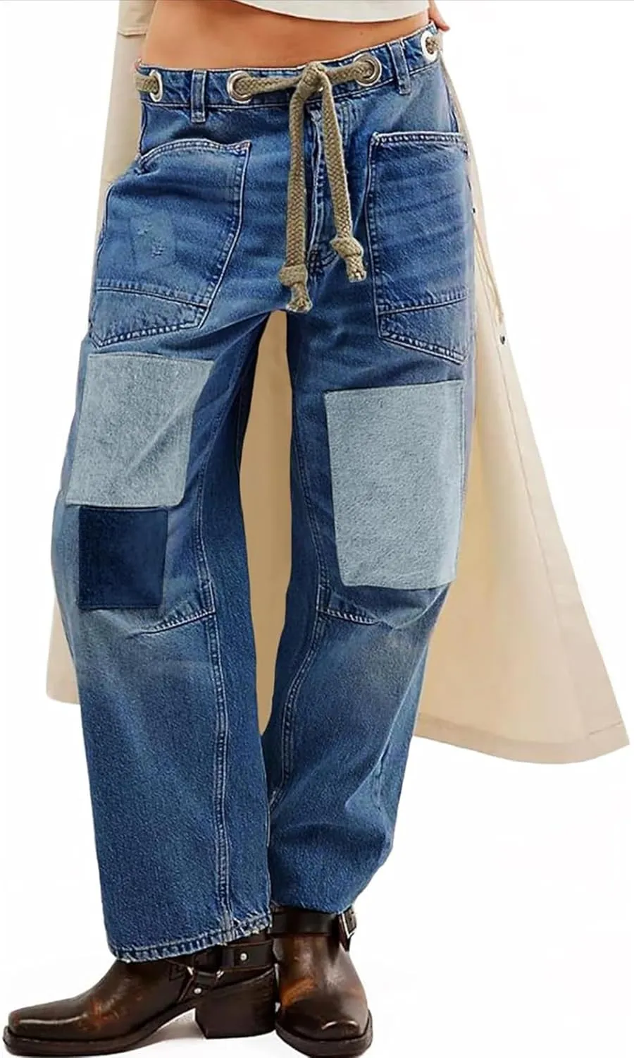 yoeasy Womens Baggy Barrel Horseshoe Jeans Wide Leg Patchwork Drawstring Low Rise Vintage Denim Pants with Pockets