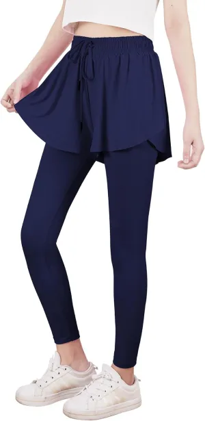 Yoga Active Leggings for Girls 2 in 1 Preppy Kids Flowy Skorts Tight Yoga Pants Tennis Skirted Leggings with Pocket