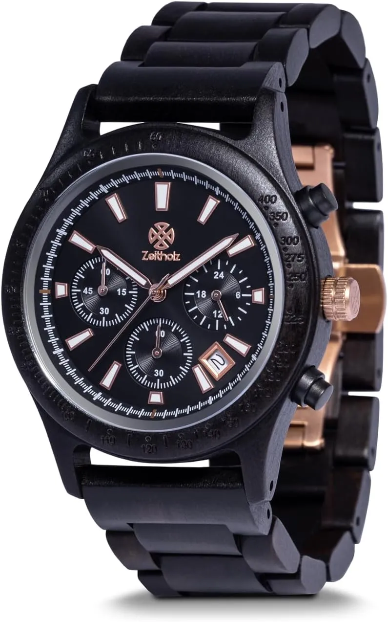 Zeitholz Wood Watches for Men, Wooden Watch, Gifts, Chronograph Watch, Analog, Calendar. New Bergen 42mm, 100% Natural Wood with Japanese Quartz Movement.